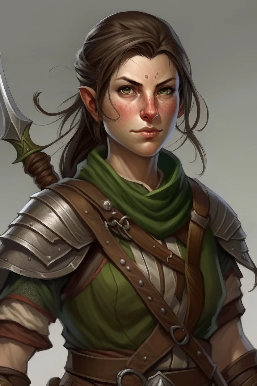 40 year old large broad female half elf brown hair fighter