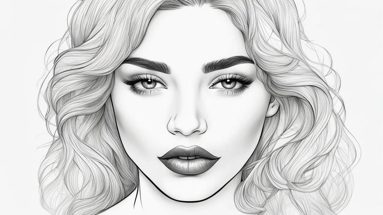 Outline drawing for portrait of a gorgeous and sweet woman, sadness, red lips, coloring page, white background, sketch style, use outline only, clean lines, white background, no shadows, clear and well outlined