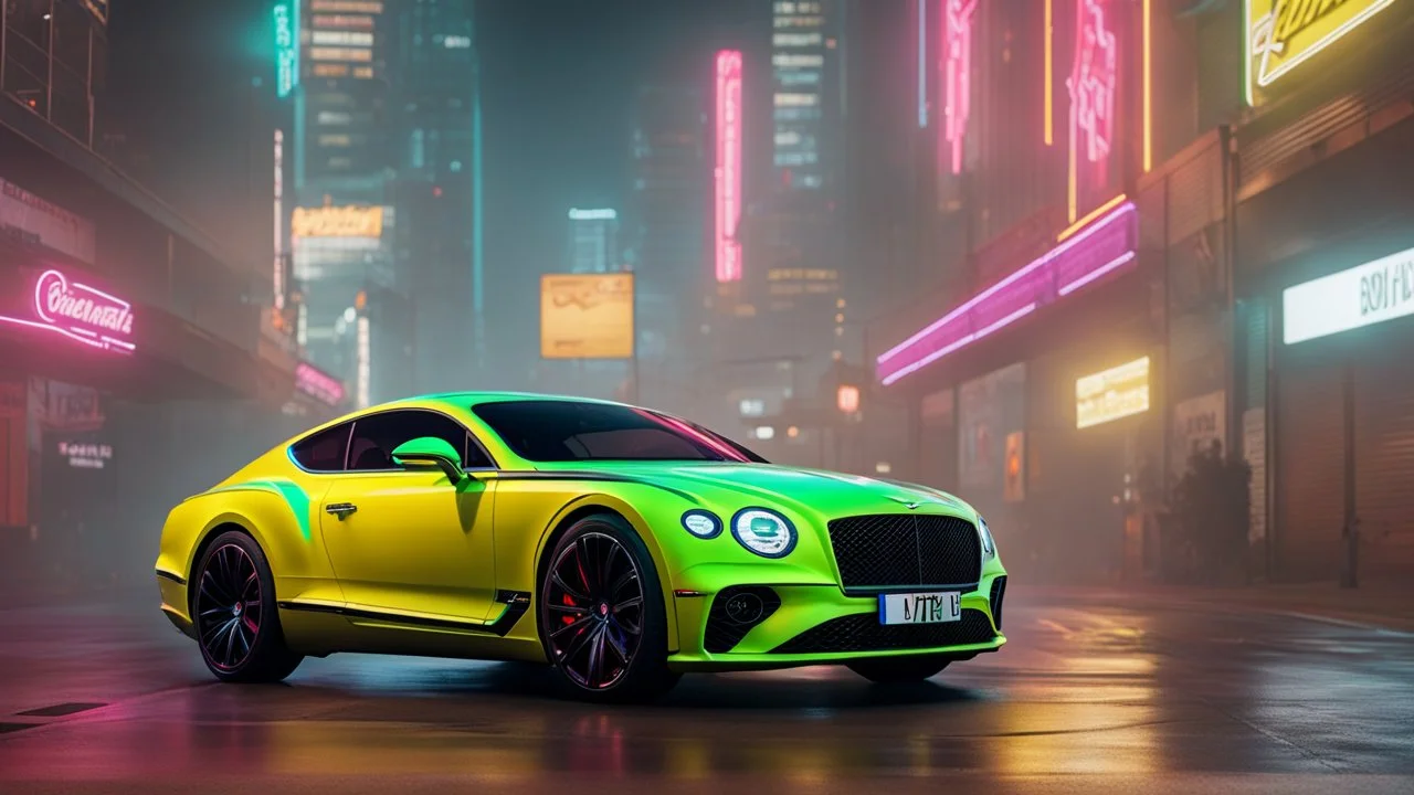 bentley continental GT Cyberpunk 2077 neon Style, Super Detailed, desktop wallpaper, 4K rear view, center