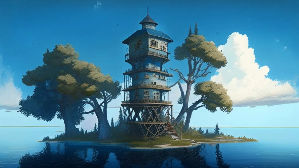 two-story tower with an observation room at the top, with a one-story room on one side, on a large island, in a large lake, surrounded by trees, with a blue sky