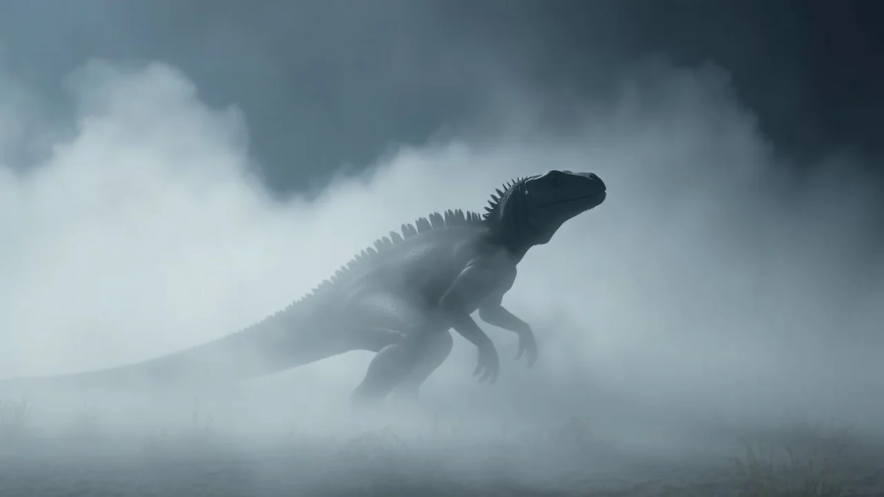 minimal soft studio light photography, A solitary Iguanodon in a misty environment, with soft fog enveloping the ground and the creature’s silhouette partially obscured, creating a mysterious atmosphere., high detail, solid bold color background