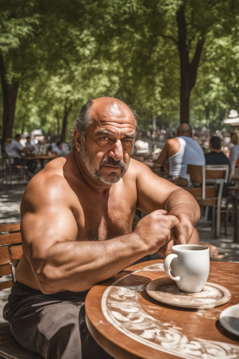 half figure photography of an ugly turkish barman servicing one coffee at the table, burly robust muscular chubby shirtless 48 years old man, in a public park of Istambul , sunny day, sweat, wet, big shoulders, angry eyes, photorealistic