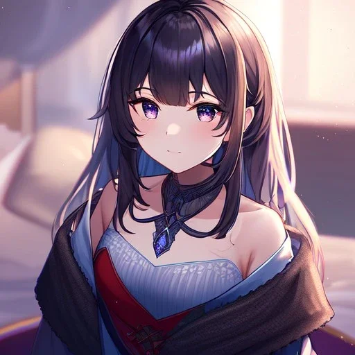 Clear focus, High resolution, [1girl], [solo], {cute art style},{in bedroom},{{{ultra detailed}}},{{masterpiece}}, {{ultra detailed}}, {ultra quality}, {dramatic shadows}, {cinematic lighting}, intricate expression,(wearing a off-shoulder maid outfit),({{{Close up of eye}}},(Medium length brown hair, kinda purple, fluffy, hair between eyes),(Extreme close up of face),[Wearing a short skirt],(No sleeveless