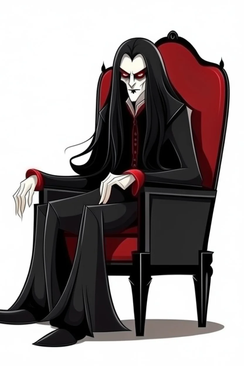 vampiro seduto su una poltrona con capelli lunghi stile realistico