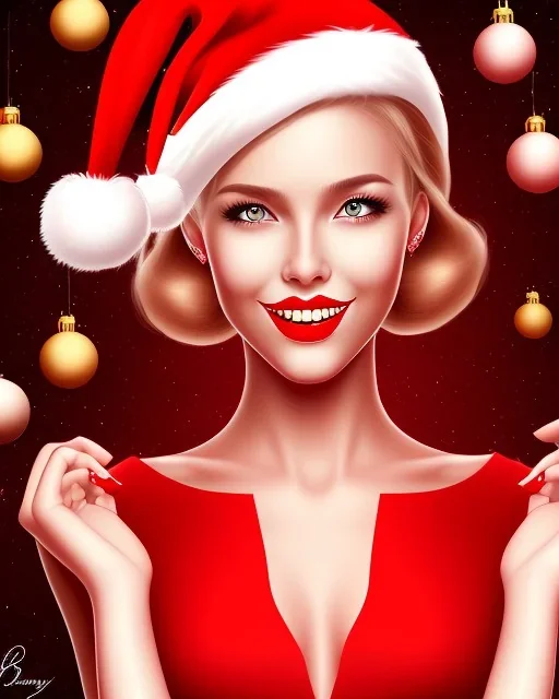 girl in red dress, portrait, Christmas, smiling, red lipstick, blonde hair