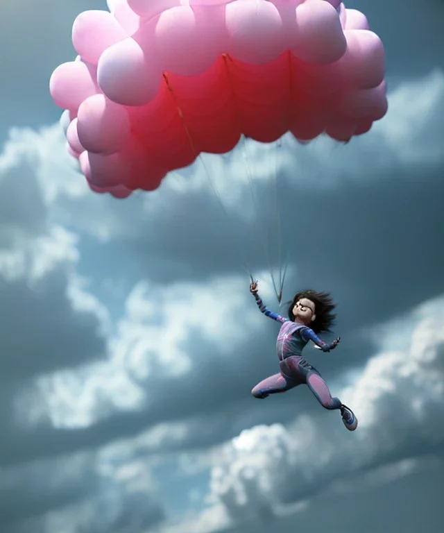 Ultra realistic speed clouds sky scene, wide angle view, sweet childs falling down, inflatable color clothing, free jumping flying, many trinkets, monster hair, hair monster, many jelly beans, balls, smile, happy, circus style, extreme, wind, clouds sea, 20,000 feet altitude, stratosphere, soft color, highly detailed, unreal engine 5, ray tracing, RTX, lumen lighting, ultra detail, volumetric lighting, 3d, finely drawn, high definition, high resolution.