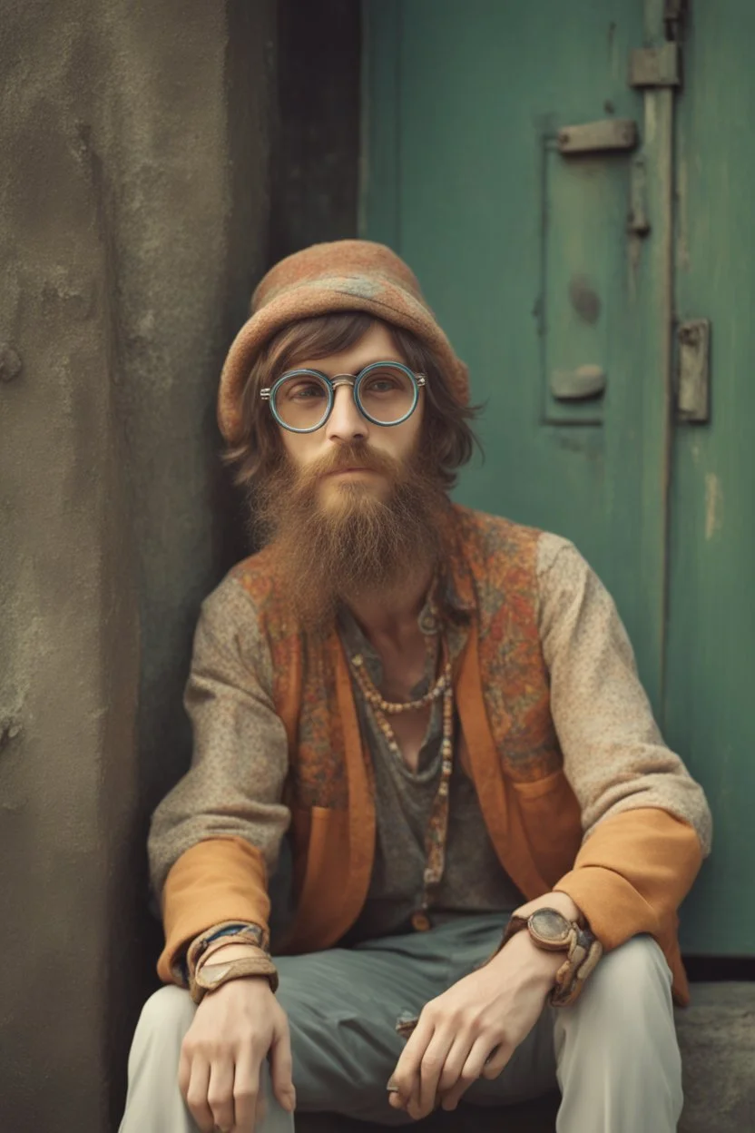 Hippie bohemian young man with Parisian bohemian look and glasses of colours and poor and short short short and poor hair on the head with receding hairline. Farsightedness glasses with big eyes. Long beard. Vintage look and feel like photo styleof the 70s