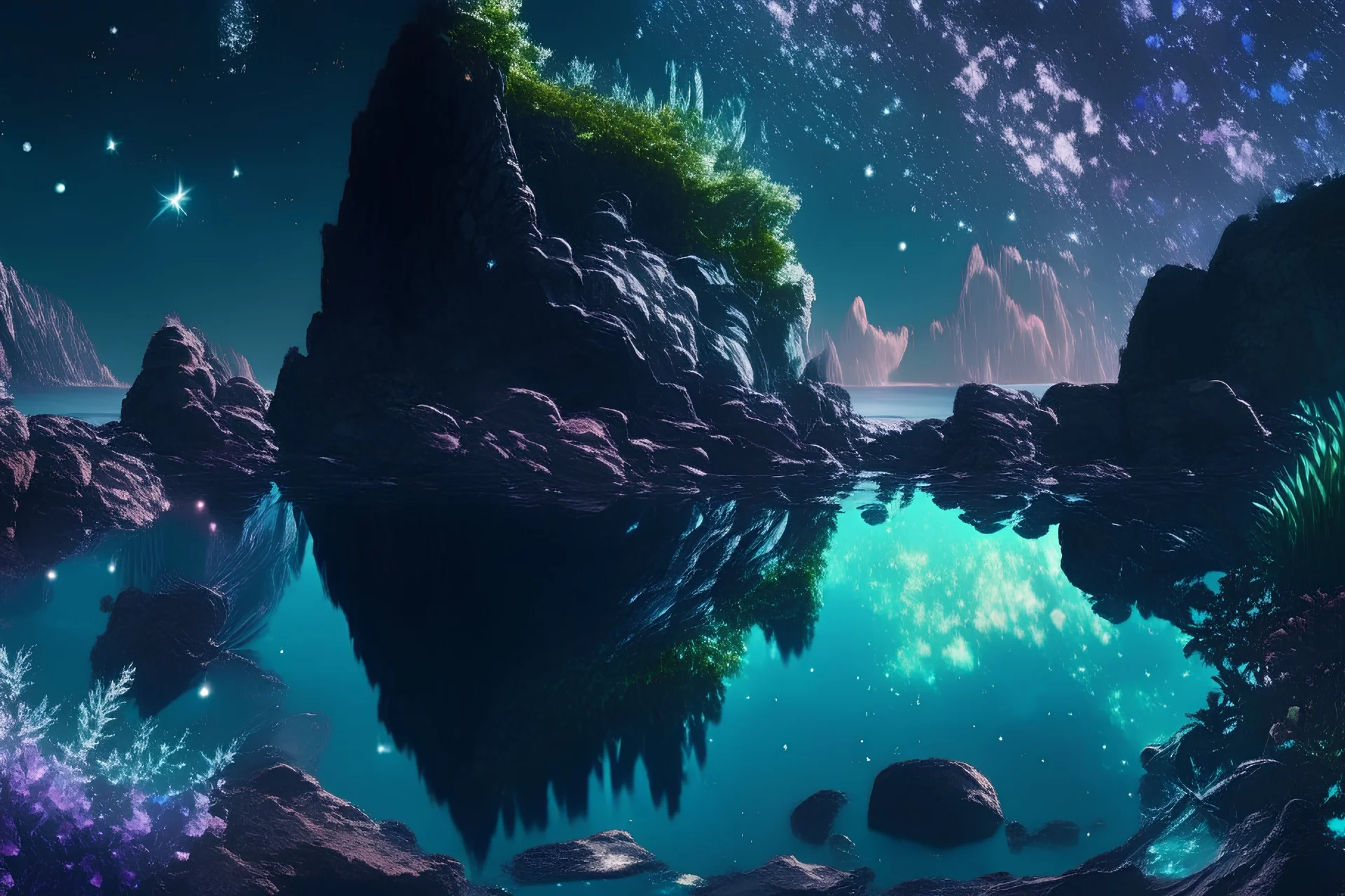 rocky cliff, vegetation, galaxy, infinite, cosmos, people, water reflection, sci-fi.