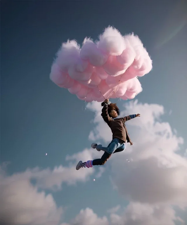 Ultra realistic clouds sky scene, wide angle, medium shot view, color smoke fog, sweet Childs, free jumping flying, trinkets, monster hair, hair monster, jelly beans, balls, smile, happy, circus style, inflatable color clothing, extreme, wind, clouds sea, 20,000 feet altitude, stratosphere, soft color, highly detailed, unreal engine 5, ray tracing, RTX, lumen lighting, ultra detail, volumetric lighting, 3d, finely drawn, high definition, high resolution.