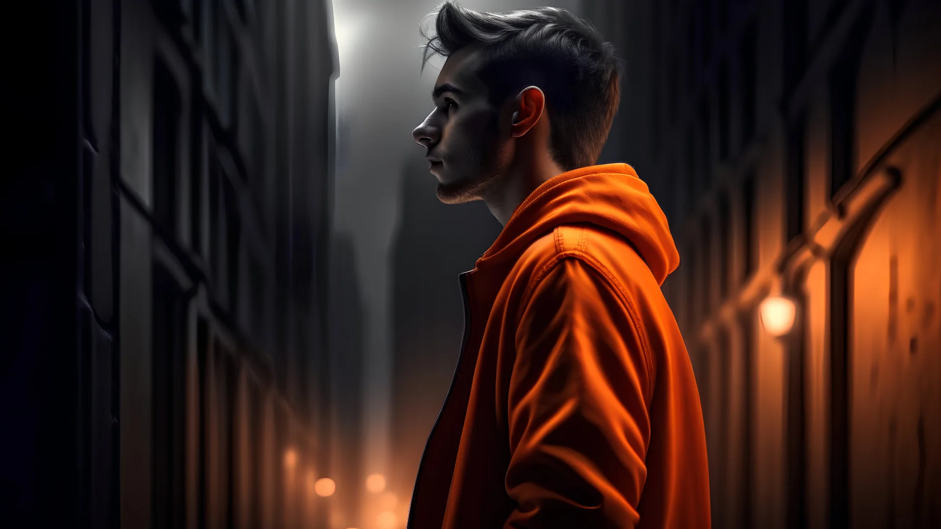 a young man standing looking at a high wall, face,high detail, smooth render, city scenery, many peple, down-light, orange dark winter, ar 16:9