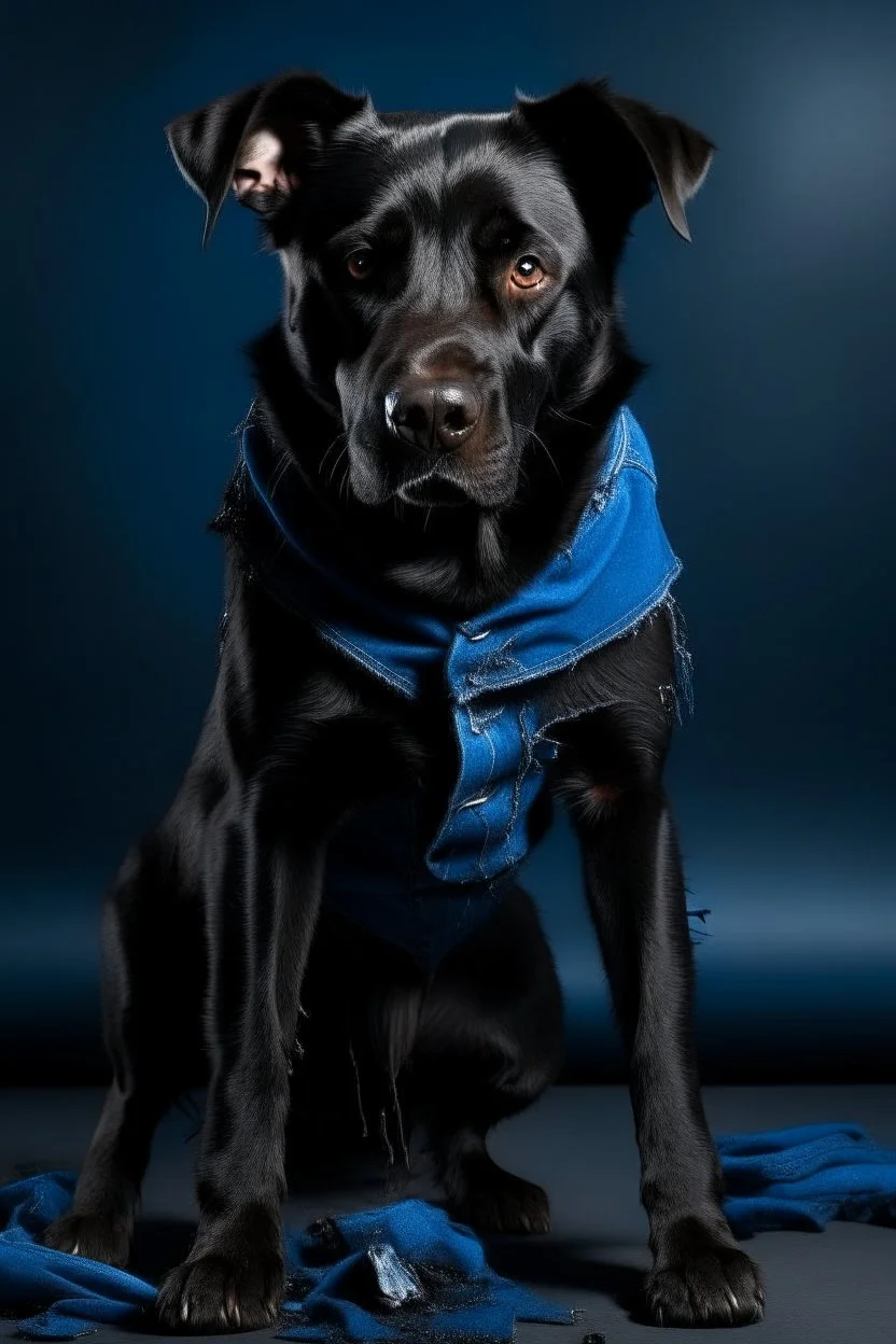 Evil, vicious black dog in blue torn pants