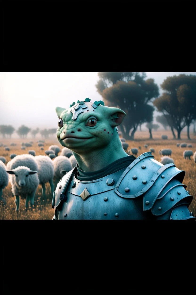 film image of Bulbasaur as a gladiator in armor in an Alentejo field in Portugal full of lambs, misty air, cinematic coulometry, hyper-realism, low saturation