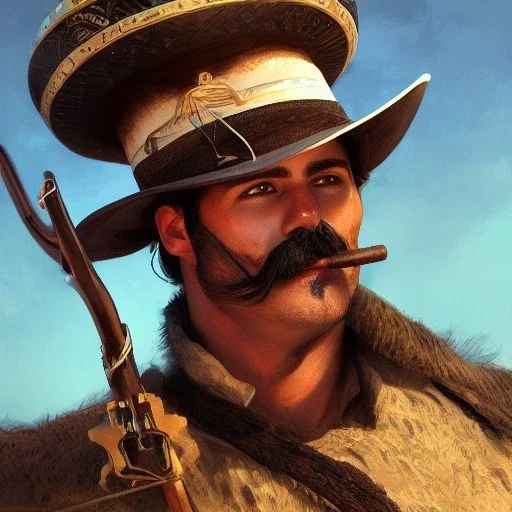 portrait,"Insanely detailed photograph of a male western mustachioed crossbowman", detailed charro and Sombrero, digital painting,eye patch, cigar, artstation, concept art, sharp focus, illustration, art by artgerm and greg rutkowski and alphonse mucha, 8 k,fantasy, unreal engine