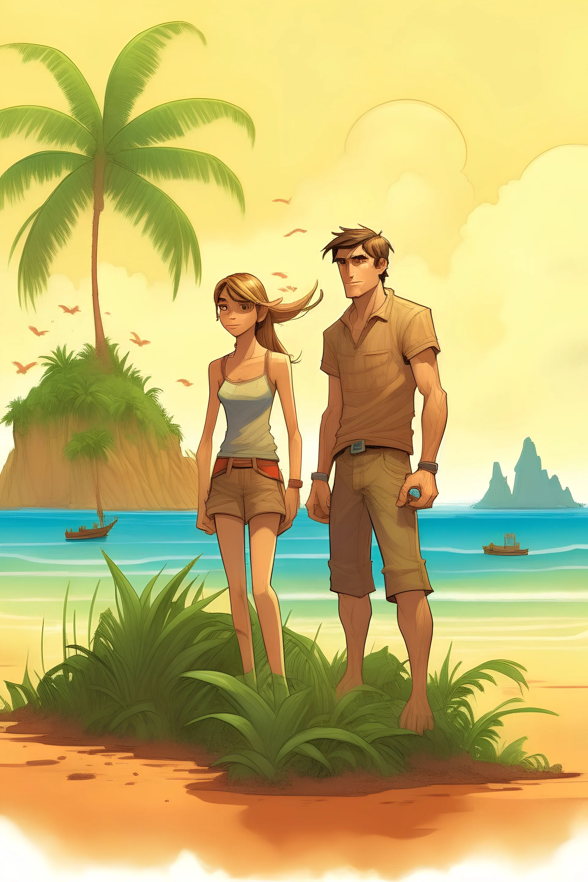 Shipwrecked young man and woman on a deserted island. Book cover.