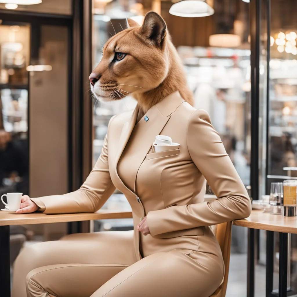 [cougar head] At a coffee shop in a shopping district. A Japanese actress tries on a cougar suit, she has a wild cougar head. The actress in a cougar suit with a cougar head sit inside and drink coffee. The actress's limbs are realistic, and the material is beige Lycra. View from the side.