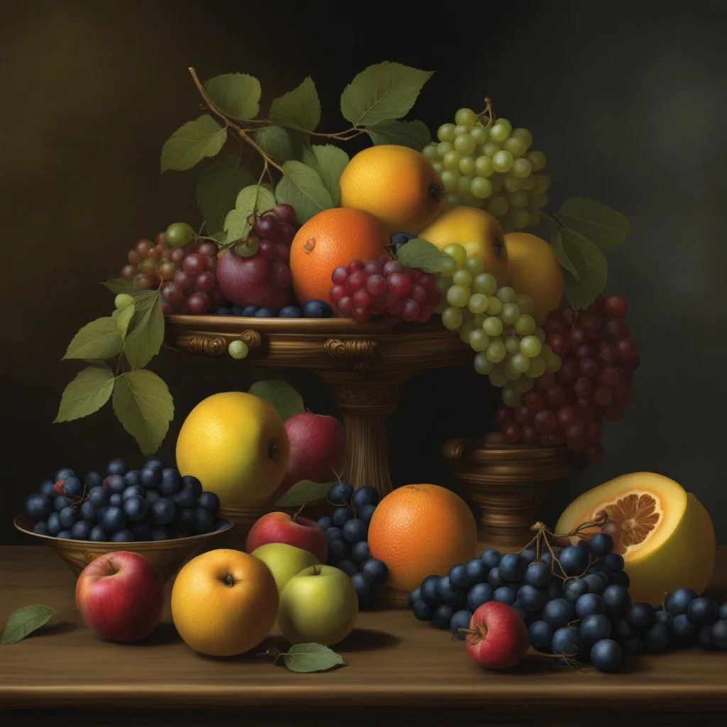 Naturaleza muerta frutas, Leonardo Da Vinci style, digital art, colores contrastes, hiperdetallado, 8k