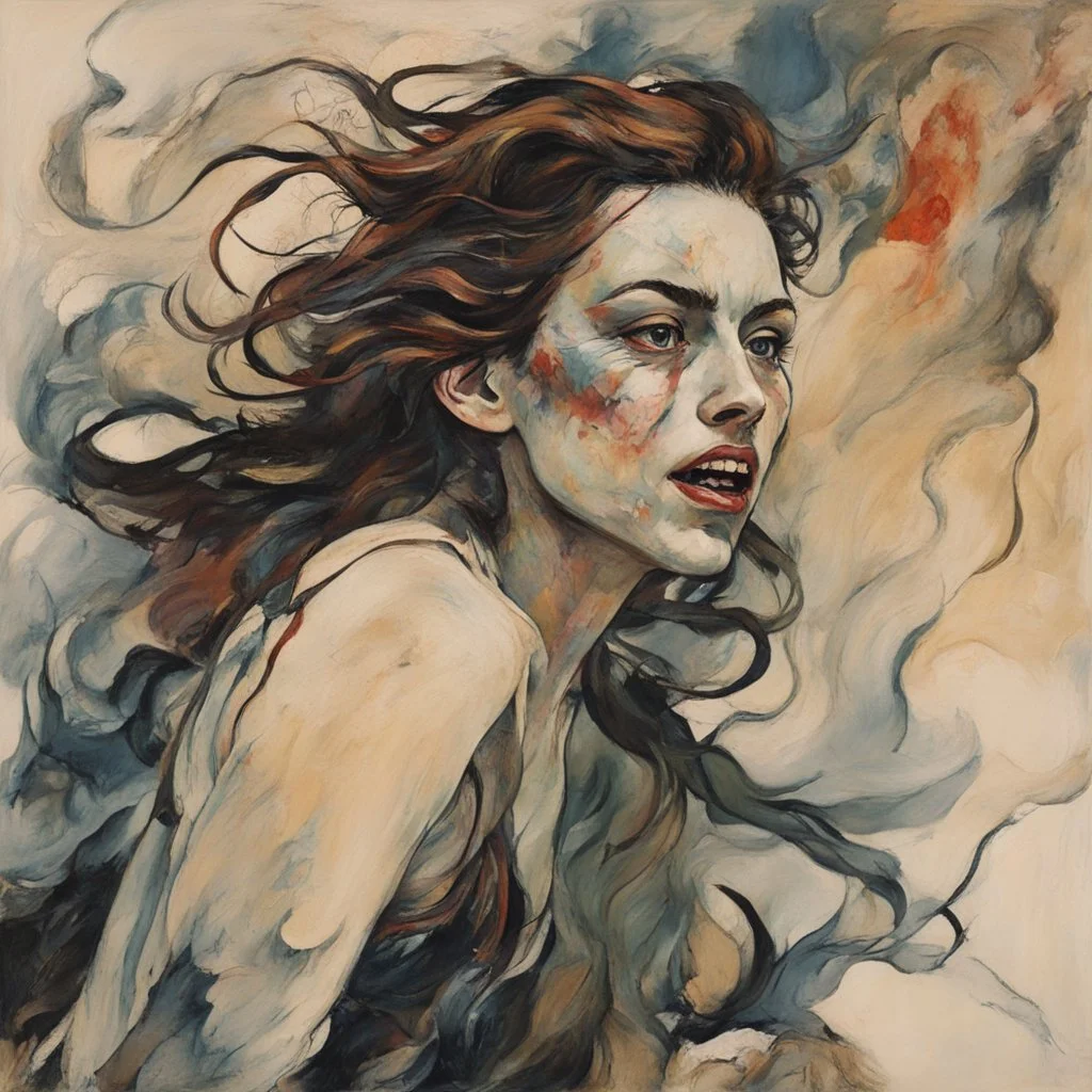 Painting of a wailing Banshee girl, in the Expressionist style of Egon Schiele, Oskar Kokoschka, and Franz Marc, in muted natural colors