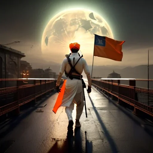 An hindu Soldier walking on the bridge with orange flag , day , full moon , realistic , high resolution , HD , 1920pX1080p , dark