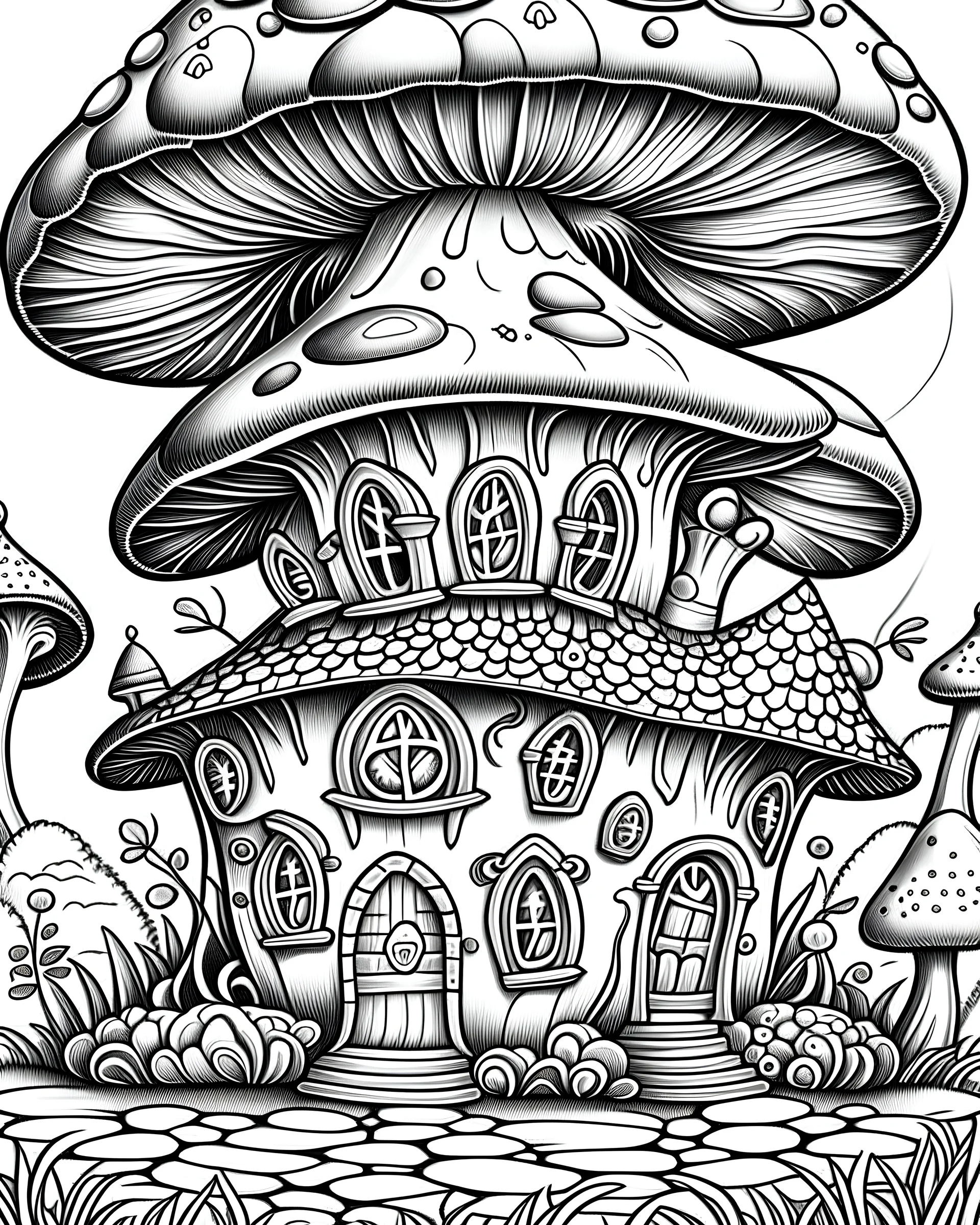 Mushroom houses Coloring Book for Adults and Kids, Instant Download, Grayscale Coloring Book