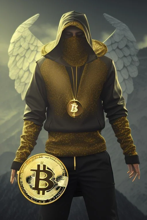 running berserker portrait , no face, black jogging suite , in the night Alps , holding bitcoin , angels background, volumetric gold light, high detail, dark leaf tree, dark mountains in background, perfect