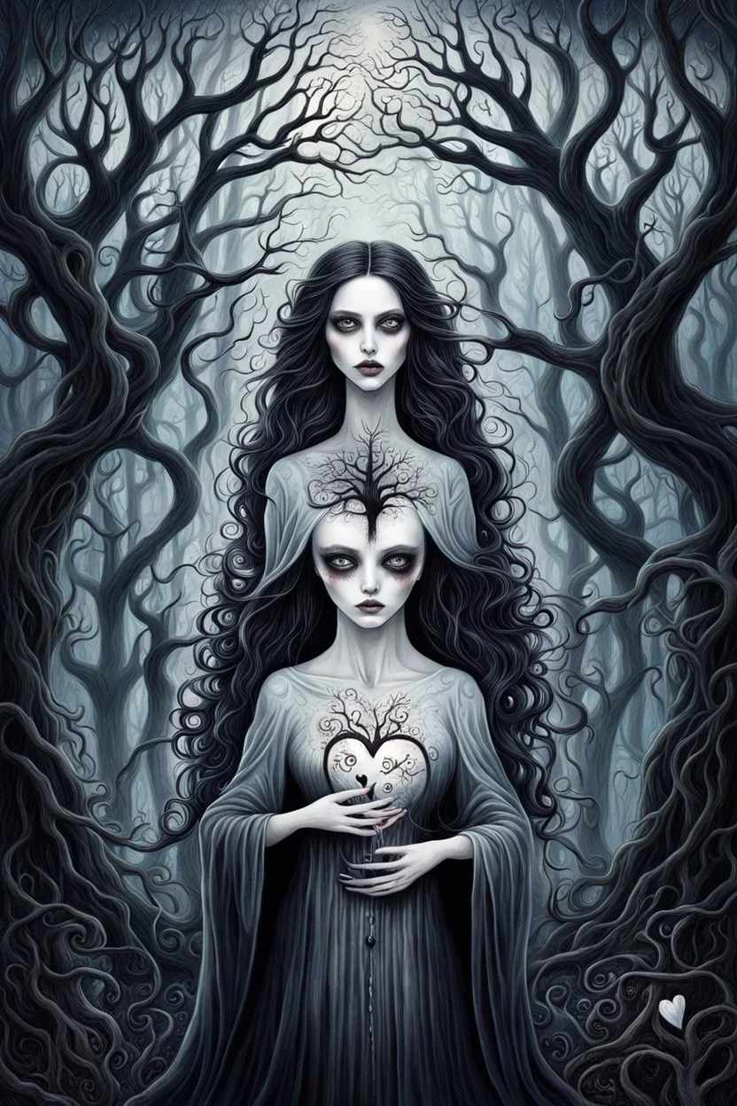 illustration from a surreal ghostly woman with ghostly white skin in Tim Burton style, high details, surrounded by various strange mystic trees. Her eyes are close open, and her is long messy dark hair. she holding a black heart, adding a unique surreal and sinister style to the artwork, etheral, weird plants, otherworldly, dark mood, cinematic