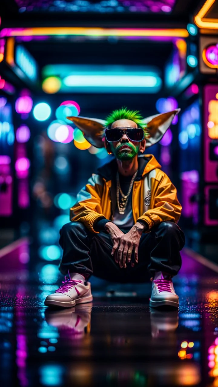 camera angle from feet, portrait of slick lord Gremlin myth buster pimp rapper cyber punk sitting on a hipster car parked in dark fashionably lit reflective wet arcade hall tunnel,bokeh like f/0.8, tilt-shift lens 8k, high detail, smooth render, down-light, unreal engine, prize winning