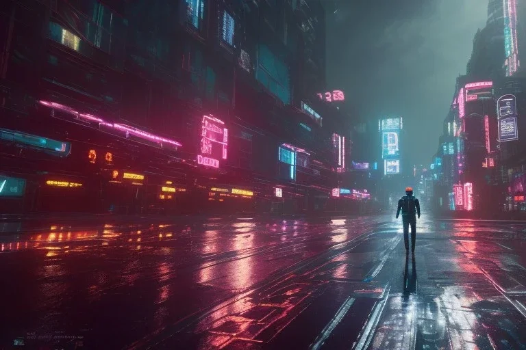 3D, beautiful, light reflecting, empty future city at night, rainy night, neon, cyberpunk, tron, robot with helmet walking, 8k, finely detailed, photo realistic