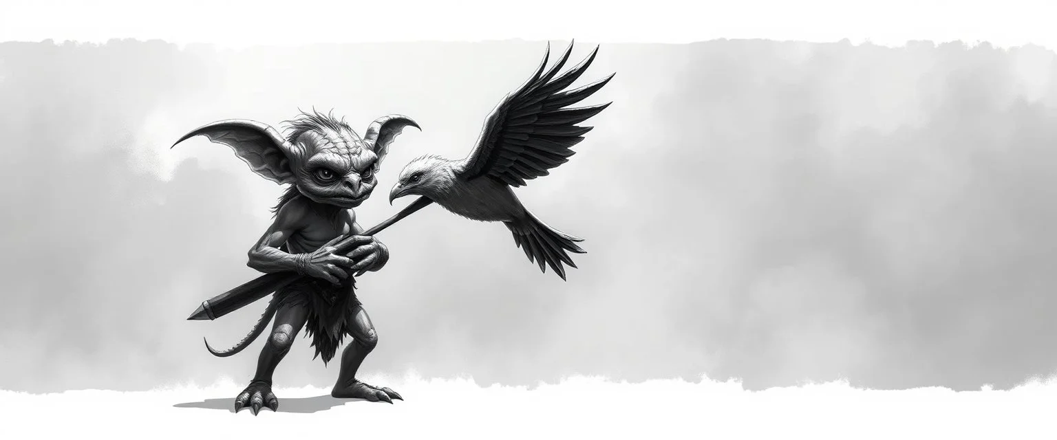 air brush 3d with pen outline, mongrel goblin gremlin holding big big bird with shadow outline, charcoal fog border