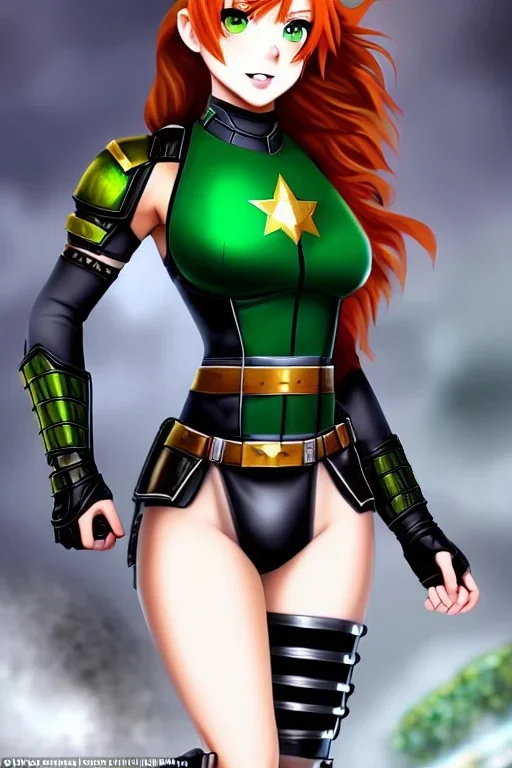 In the style of Shadman, hyper detailed, strikingly beautiful teen female, 16 years old, long ponytail, ginger hair, green eyes, medium freckles, full lips, micro top, black leather armour lined with fur, full body, full face, tiny breasts, athletic, centred camera, ignore NSFW, thong, camel toe, athletic