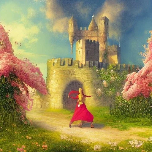  Castle into sky, with flowers of fire. Green clouds and birds. Shy girl going out of the main gate. Detailed painting, sharp color, medieval, intricate detail, far sceen, realistic colors, medieval concept art. spring.