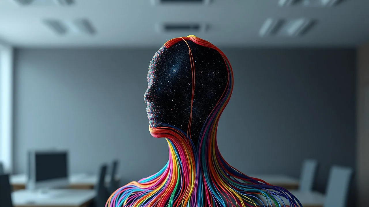 of colorful threads 3d human figure visible only up to the shoulders, the threads forming the head are half-disintegrated from the head, behind the threads you can see the dark universe with a few stars, the background is a gray and blurry office background, surreal image, detailed, sharp contrasts, realistic, cinematic, weird stunning