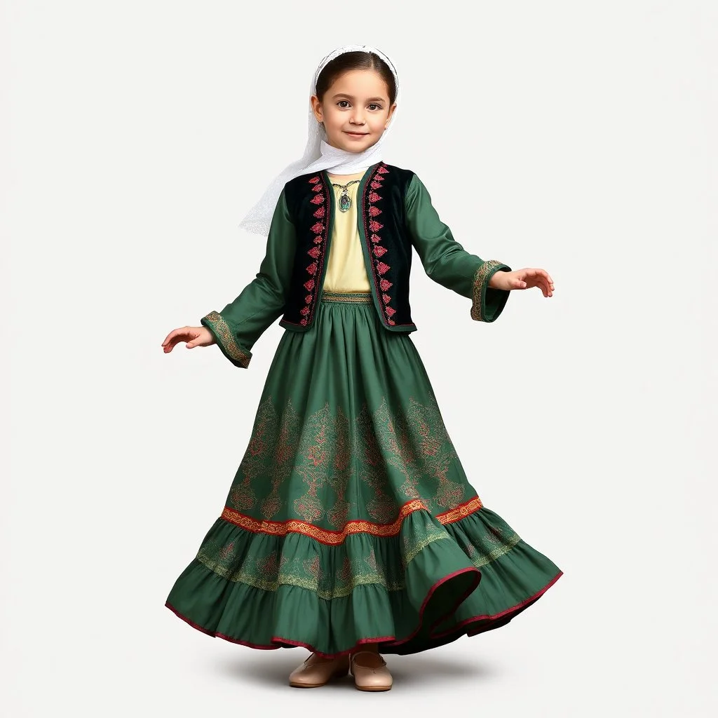 full body 7years old girl ,simple background, full body of very pretty little girl in azeri dance wearing A underdress or shirt, often made of silk,A fitted, often velvet or brocade, jacket worn over the shirt.Wide, bell-shaped skirts are worn, often long and layered to create beautiful movements while dancing, with a long lace scarf at back of her head ,with pretty shoes,in T pose looking at camera.