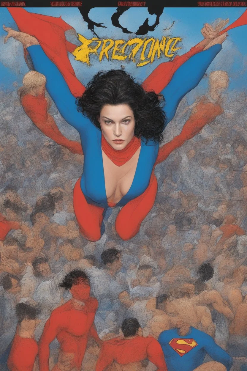 20-year-old girl, extremely muscular, short, buzz-cut, pitch black hair, Paul Stanley/Elvis Presley/Keanu Reeves/Pierce Brosnan/Jon Bernthal/Sean Bean/Dolph Lundgren/Patrick Swayze/ hybrid, as the extremely muscular Superhero "SUPERSONIC" in an original patriotic red, white and blue, "Supersonic" suit with an America Flag Cape,