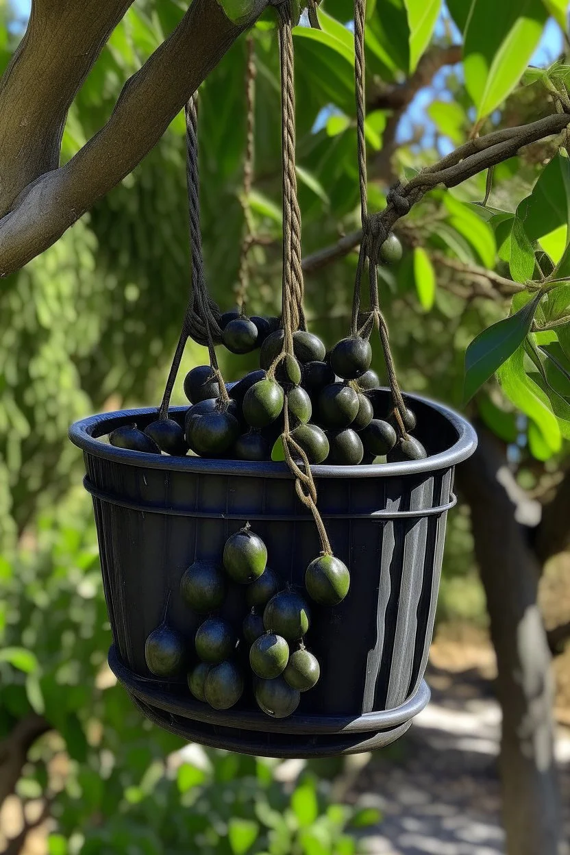 A bucket of black olives hung on the tree instead of a cluster