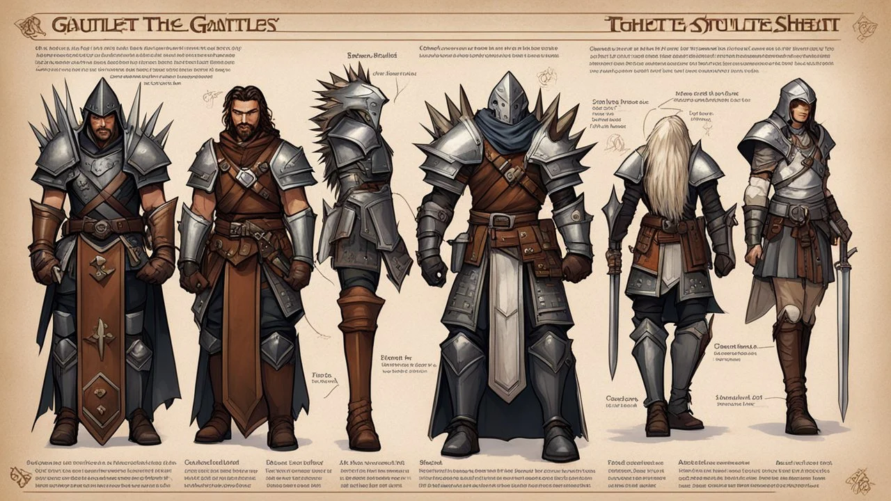 timeline illustration of gauntlets concept sheet with AD&D statistics and characteristics. left to right: leather, padded, plate, tech, spiked