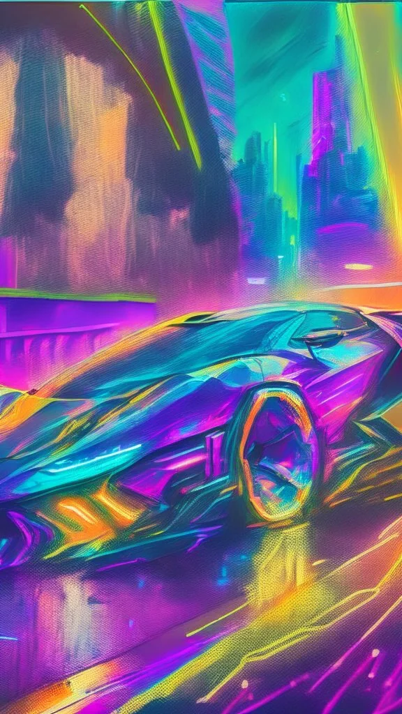 futuristic supercar, hand draw urbansketch art style inspired by Marta Vilarinho de Freitas, flat, vector illustration, urban sketch cyberpunk 2099 blade runner 2049 neon neo-impressionism expressionist style oil painting, smooth post-impressionist impasto acrylic painting, thick layers of colourful textured paint futuristic futurism noir