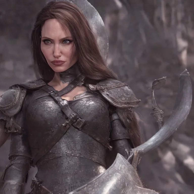 old Angelina Jolie in armor by greg rutkowskiб close up film photo, unreal engine, octane render, trending on artstation, highly detailed, studio lighting, professional, professional ominous concept art, by artgerm and greg rutkowski, an intricate, elegant, highly detailed digital painting, concept art, smooth, sharp focus, illustration, in the style of simon stalenhag, wayne barlowe, and igor kieryluk.