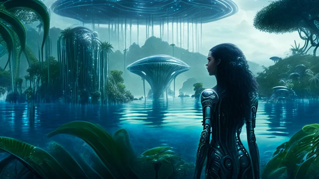 Detailed matte painting of a wide-angle shot of a woman, standing on the left side of the shot, with dark hair in a silver robotic catsuit, many large floating jellyfish with octopus tentacles, alien jungle trees in the distance, with an alien beach and lake