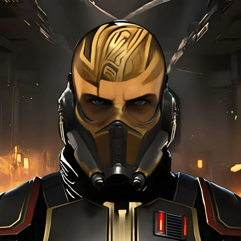 star wars bald male corellian jedi wearing gunmetal grey and black old republic armored flightsuit with gold and metallic red trim inside the jedi temple, centered head and shoulders portrait, hyperdetailed, dynamic lighting, hyperdetailed background, 8k resolution, volumetric lighting, light skin, fully symmetric details