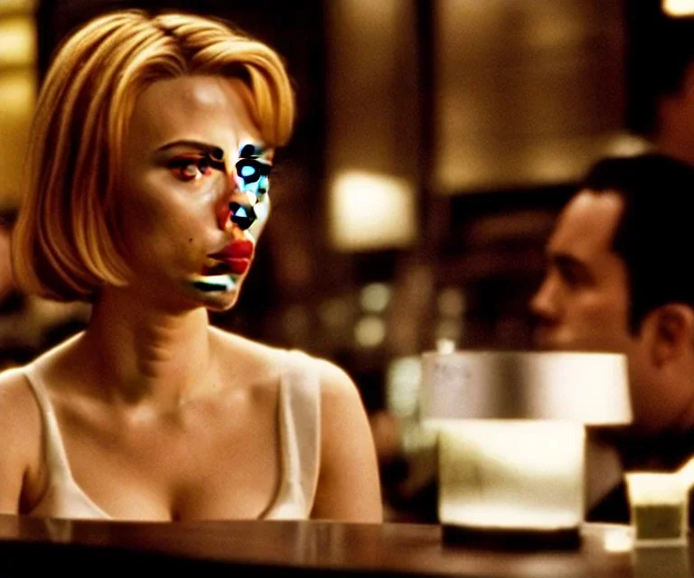 Scarlett Johansson in Lost in Translation, en la barra de un bar con la mirada perdida y fumando.