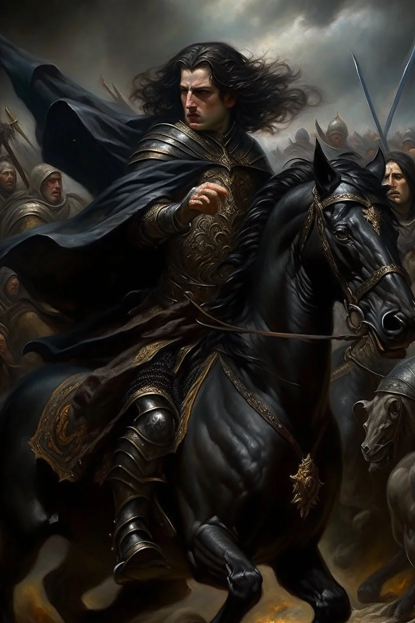 Oil painting of a king Very handsome with black hair poked on his black horse and wearing full black and fur Raset battle and those around him fighting Photorealistic