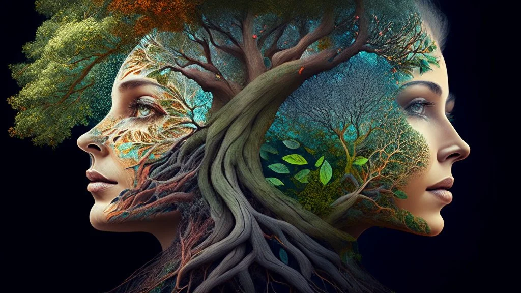 woman and tree mixed into one beautiful creature, intricate details, masterpiece, 3d, 64k, high resolution, high detail, computer graphics, hyperrealism, f/16, 1/300s. digital painting