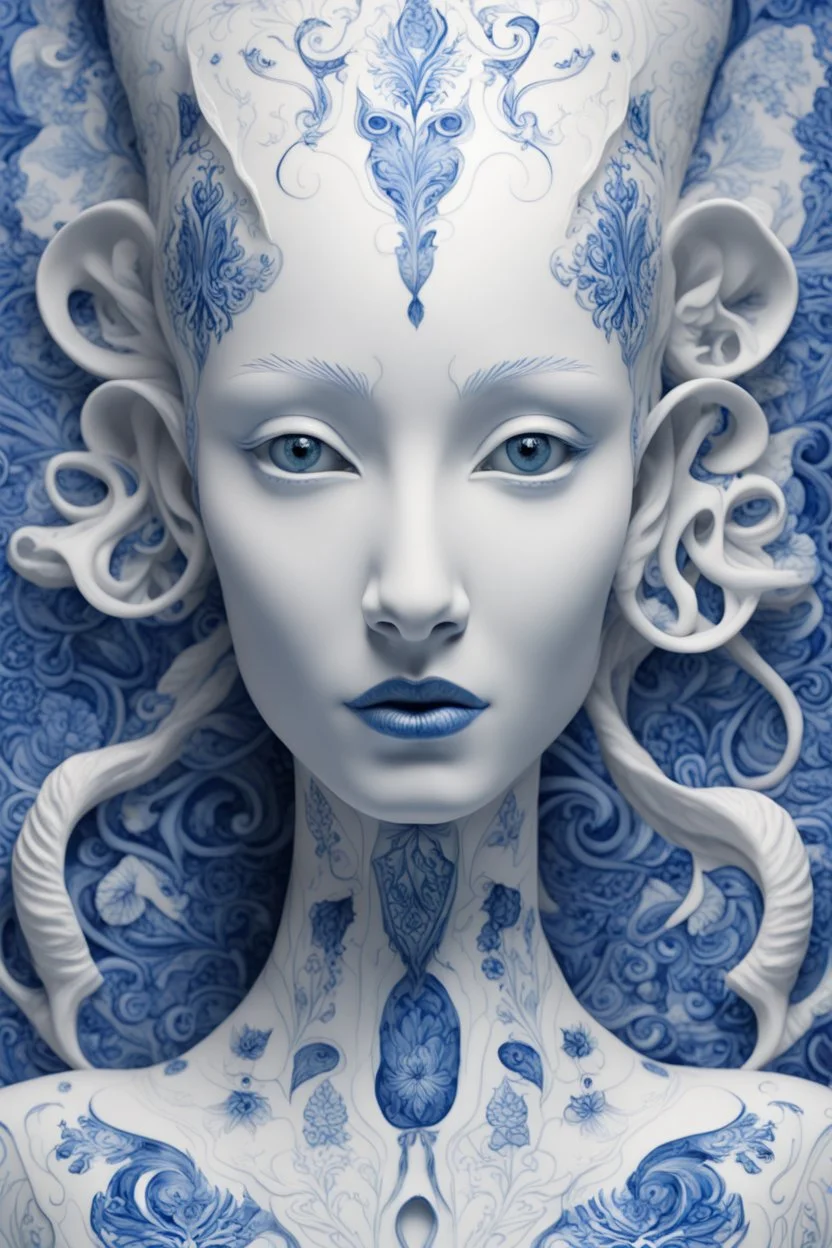 a woman made out of porcelain, in the style of balanced symmetry, white and blue, detailed facial features, organic forms, meticulous portraiture, complex patterns --ar 1:2 --stylize 350 --c 2 --v 6. 0