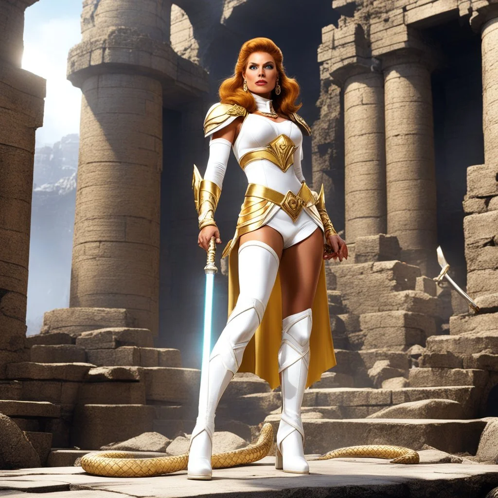 Teela from the Masters of the Universe in her iconic gold and white revealing outfit, she stands in her white boots, she holds her snake wand in the middle of the ruins of the castle
