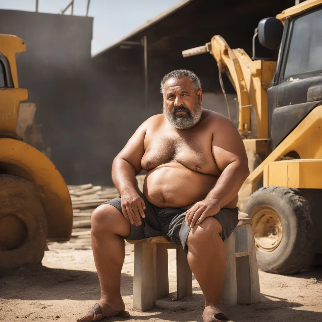 photography of a arab ugly burly serious wet sweaty, chubby strong fat carpenter, shirtless, in broken dirty short pants, bulge, manly chest, very hairy, big goatee 50 years old, short hair, sitting with open legs on a little chair , on a construction site in the middle of a road, under the August sun, emotional eyes, , hyper-realistic, photorealistic , frontal view from the ground