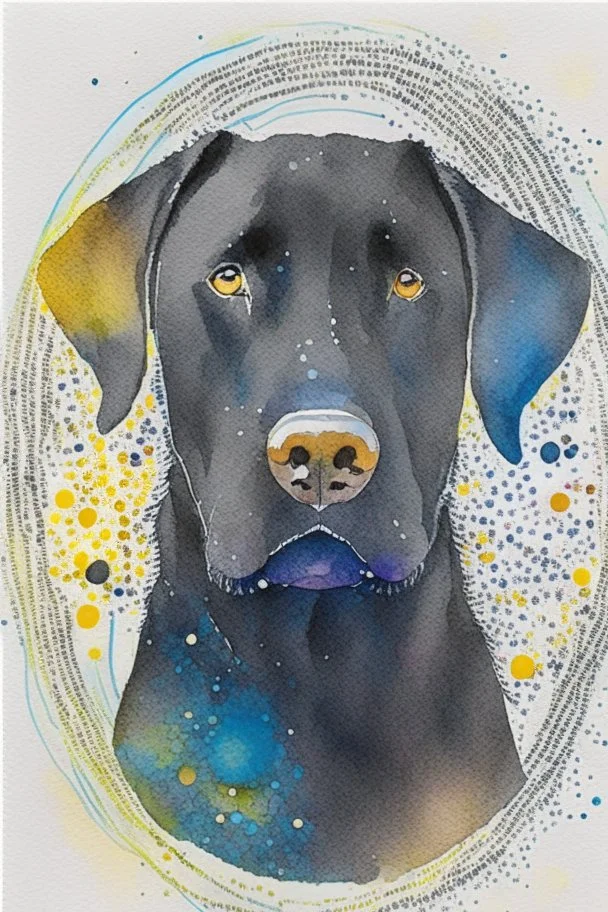 abstract watercolour of a black Labrador dog’s head in the style of Valerie Davide with bifurcated circles