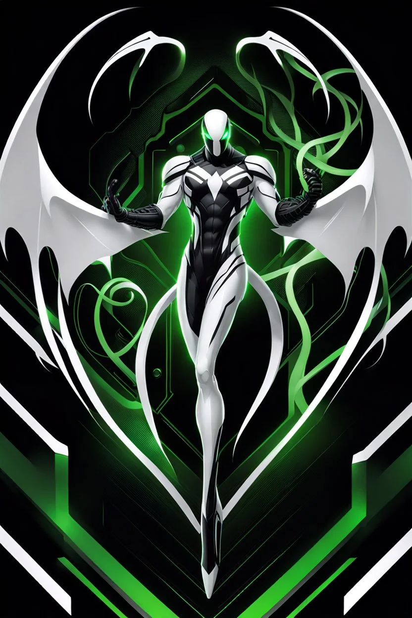 Cyborg symbiote, white color, green color, tendrils, high tech, cyberpunk, biopunk, membrane wings, carbon fiber, cyber tentacles, and the other two.