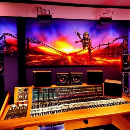 HOMME ANIMATEUR RADIO ASSIS DANS UN STUDIO D'ENREGISTREMENT, IRON MAIDEN, 4K, CIEL EN FEU