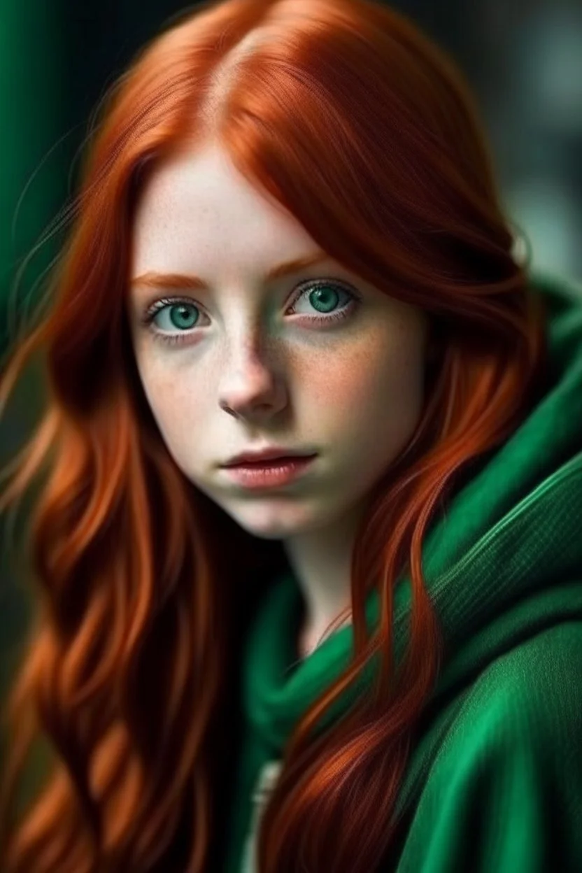 A girl with red hair and green eyes and she is in the world of harry potter