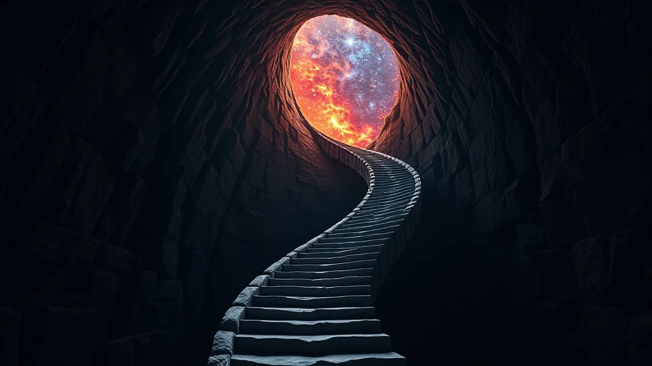 Stairs between heaven and hell, a big vertical spiral staircase made of indefinable material, the end of which cannot be seen, connecting the hellish dark depths with the endless dark blue universe, higg detailed, surreal, dark vibe, cinematic